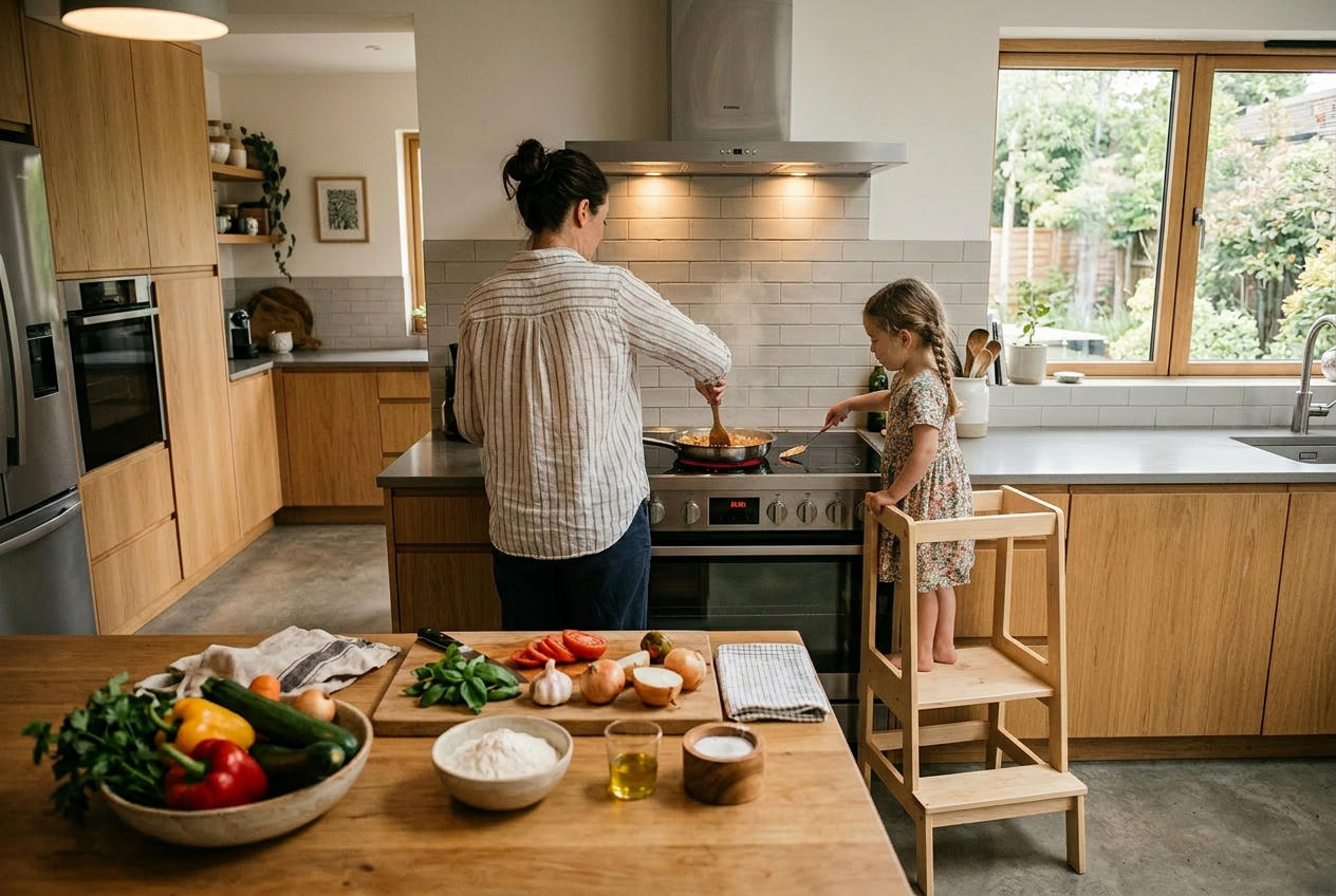 Mother and daughter cooking together